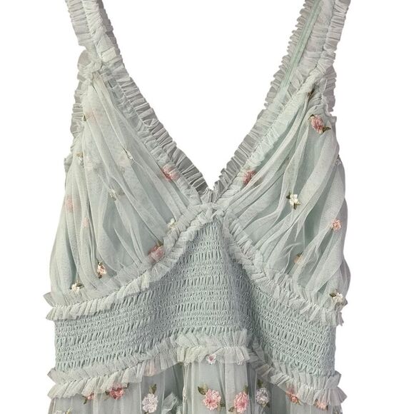 Mac Duggal Tiered Ruffle Cross-Back Smock-Waist Floral Embroidered Gown - Picture 4 of 12